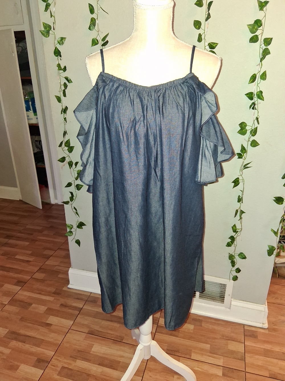 Chambray Off-Shoulder Ruffle Mini Dress - Blue